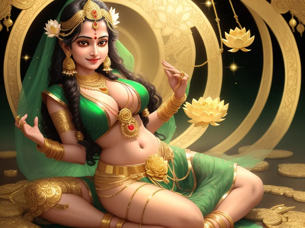 low quality photos - a woman in a green and gold outfit sitting on a pile of gold coins with a gold decoration around her neck, by Raja Ravi Varma