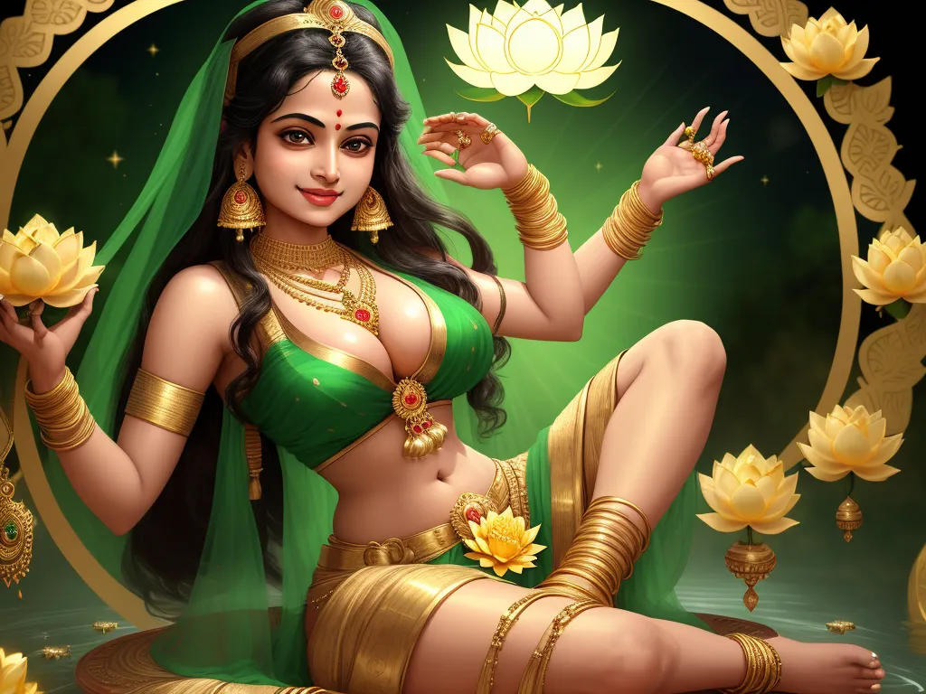 a beautiful woman in a green outfit sitting on the ground with a lotus in her hand and a lotus in her hand, by Raja Ravi Varma