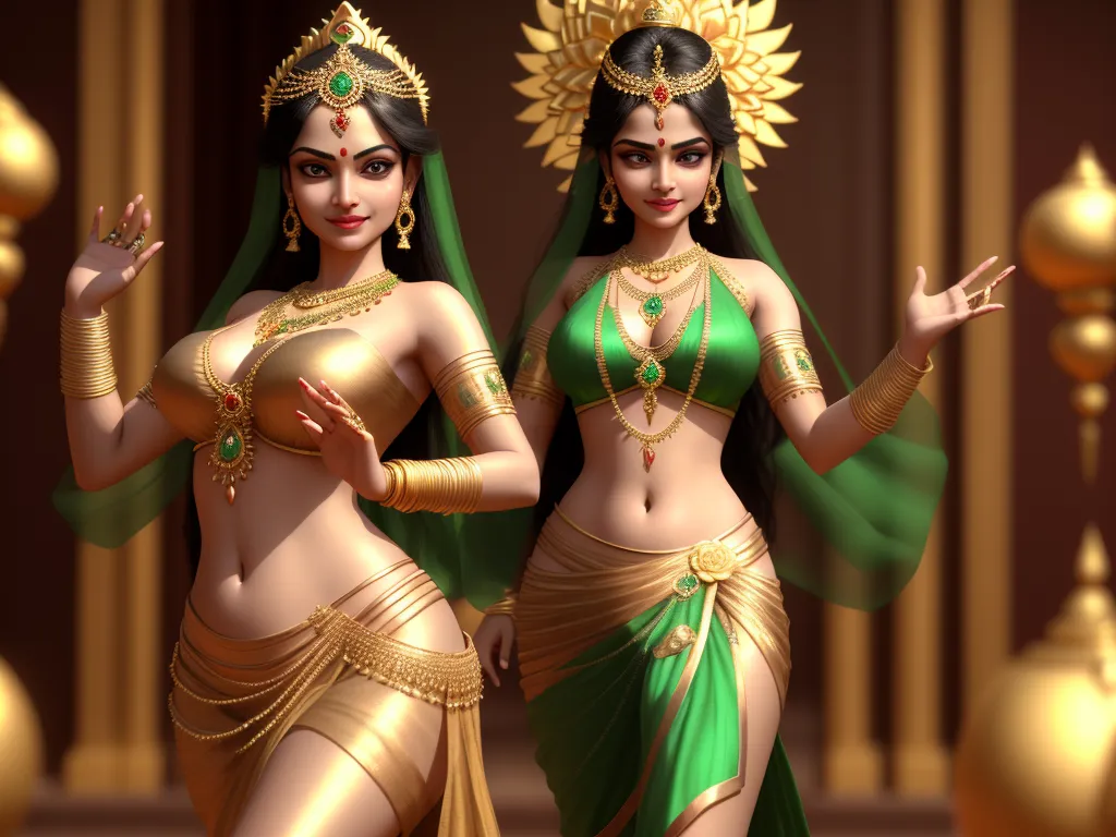 two beautiful women dressed in green and gold costumes, one in a green sari and the other in a gold sari, by Raja Ravi Varma