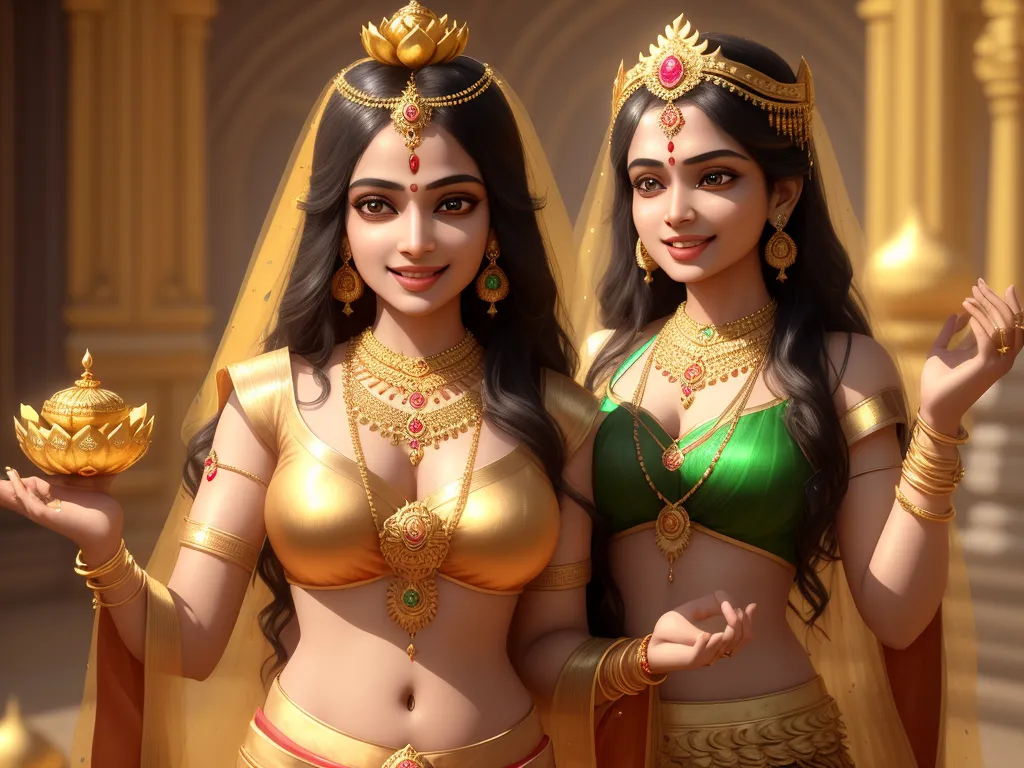 text to picture generator ai - two women dressed in indian garb holding a gold object in their hands and posing for a picture together, by Raja Ravi Varma