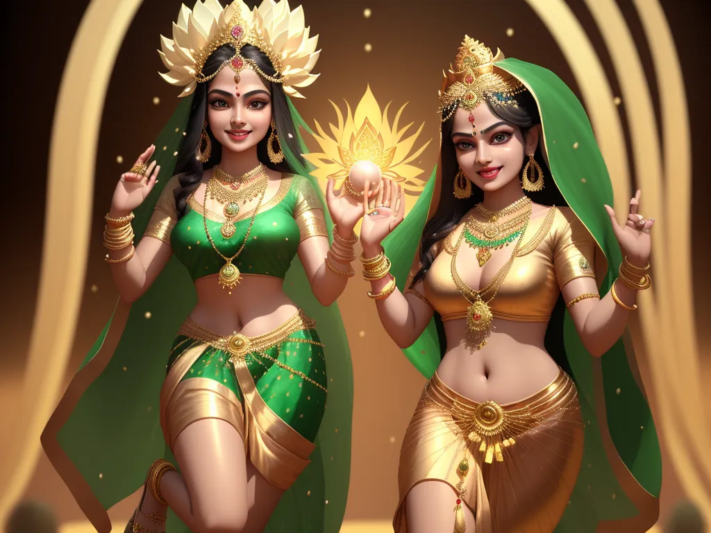 generate photo from text - two beautiful women dressed in indian garb holding a golden object in their hands and a green shawl, by Raja Ravi Varma