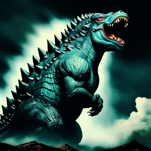 a godzilla is standing in the clouds with its mouth open and it's teeth wide open, with a large, sharp toothy, sharp, sharp, sharp, sharp, sharp, sharp, sharp, sharp, sharp, by Go Nagai