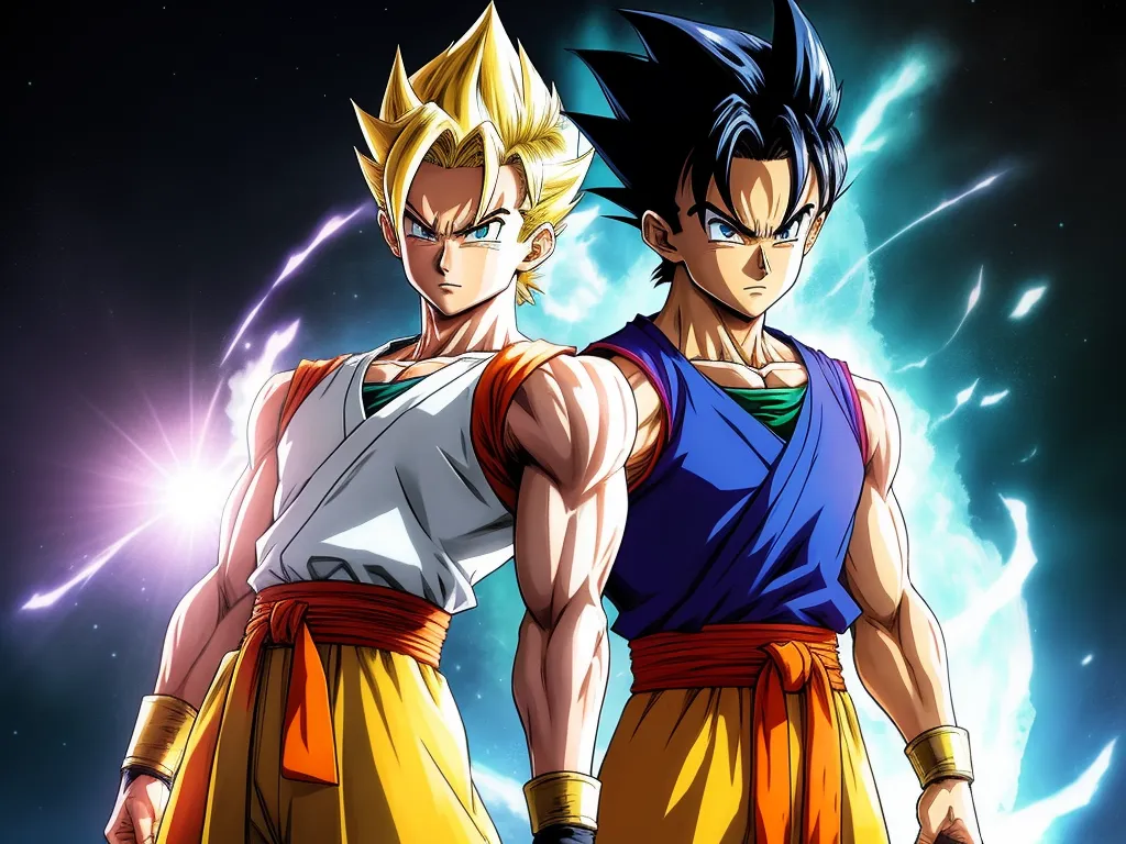 two young men standing next to each other in front of a dark background with lightnings and stars in the background, by Toei Animations