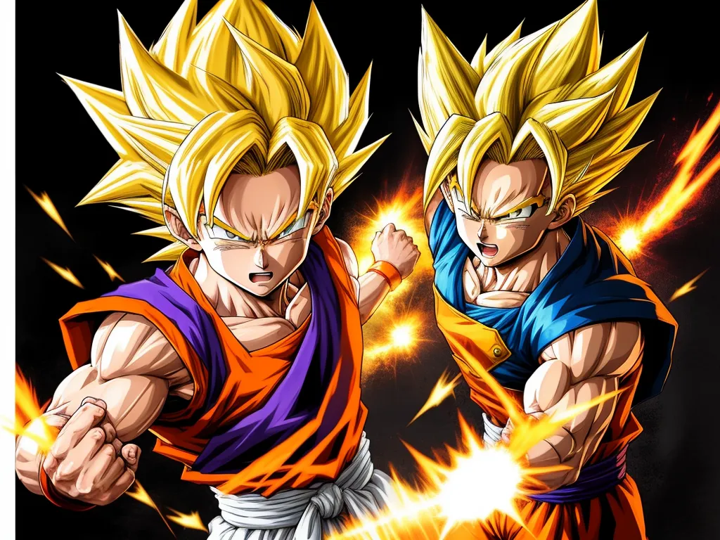 convert photo to 4k - two cartoon characters are fighting with each other in a dark background with bright yellow and orange lights on their chests, by Toei Animations