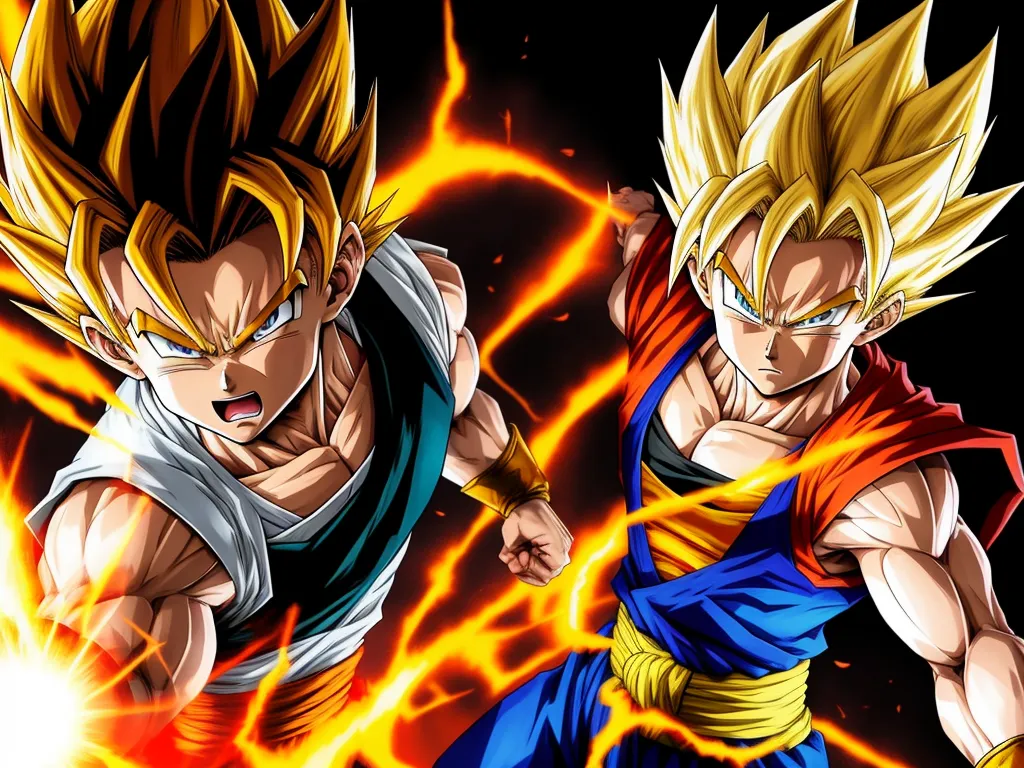 two characters are fighting in a dark background with bright yellow and red flames behind them, one is wearing a blue and yellow outfit, by Toei Animations