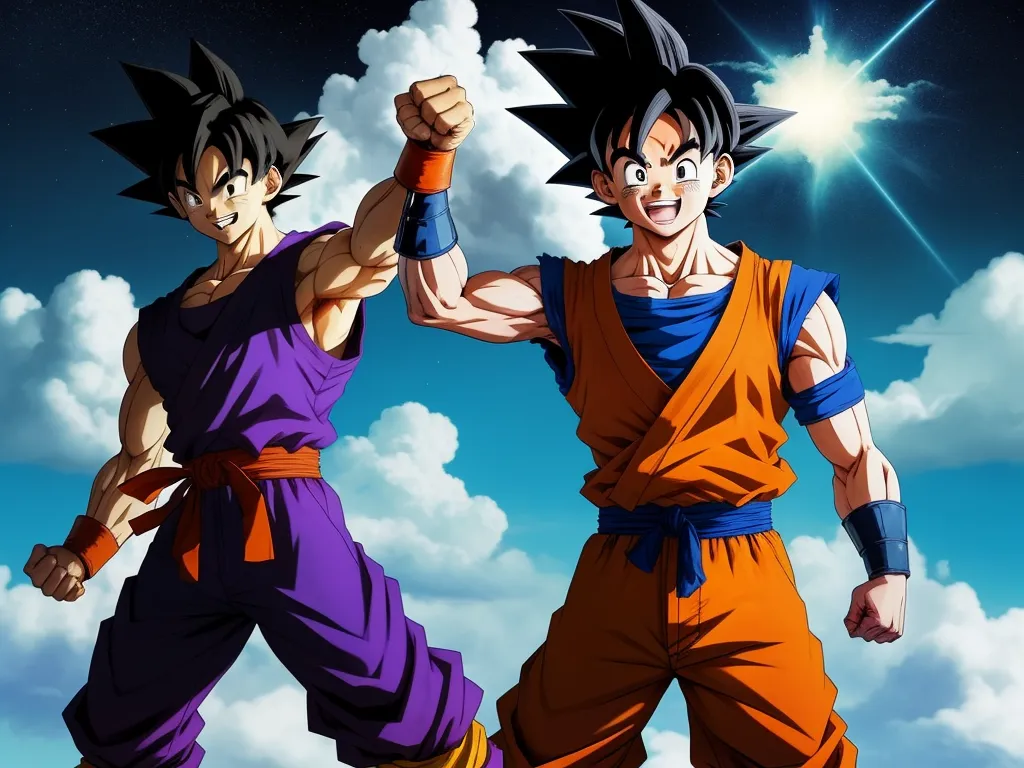 two young gohan fighting in the sky with clouds behind them and a bright sun in the background with stars, by Toei Animations