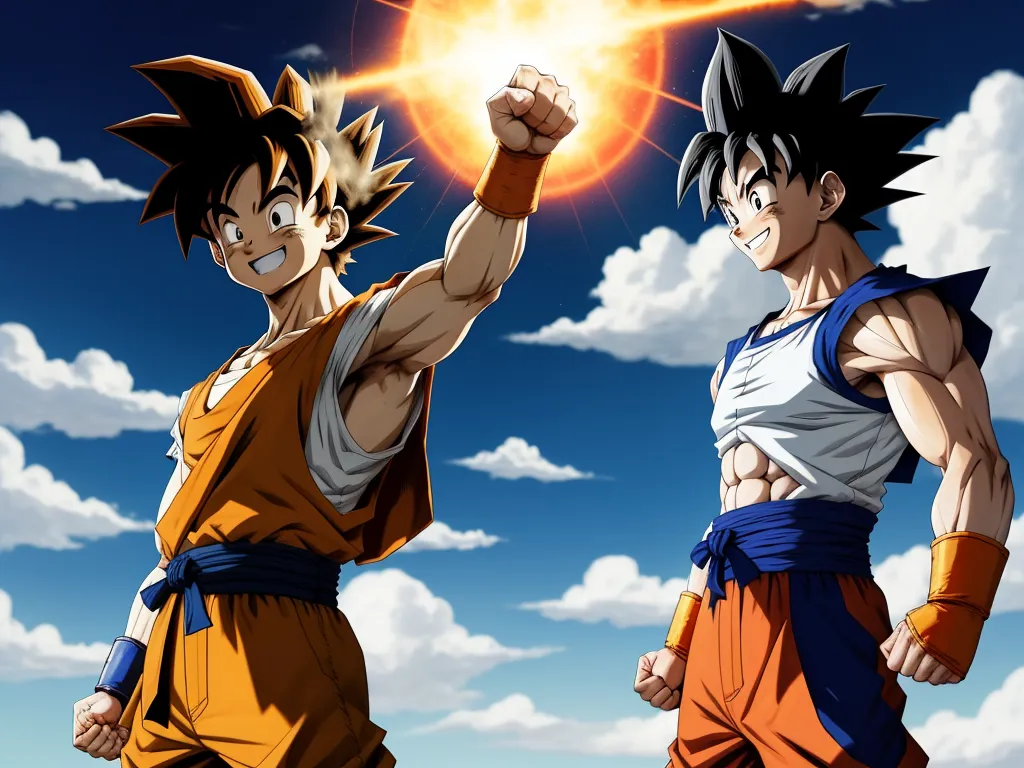 two young gohan characters are fighting in the sky with each other, one holding a glowing ball of fire, by Toei Animations