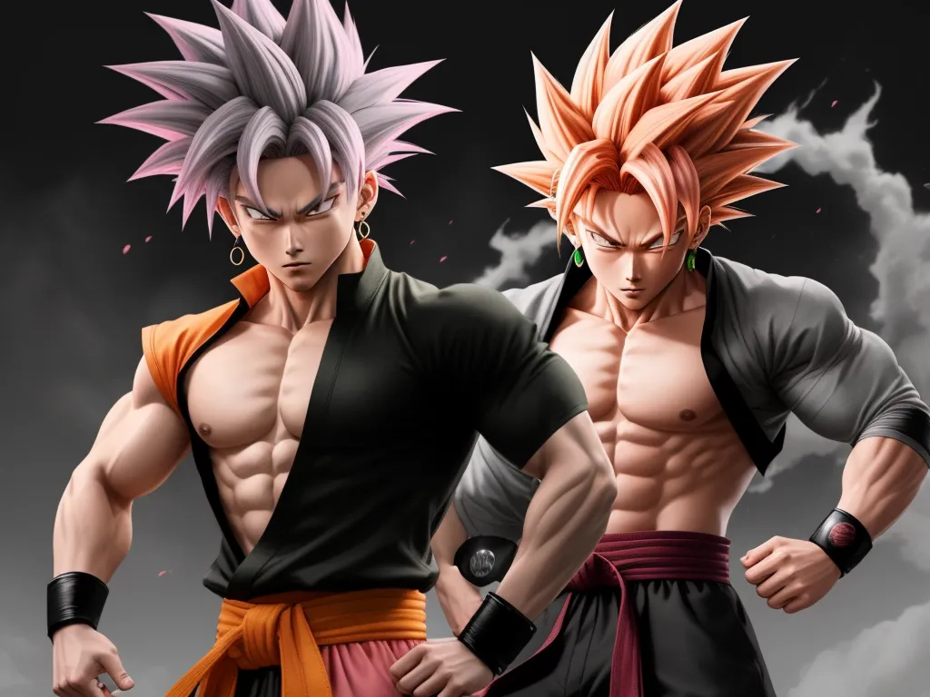 two anime characters standing next to each other in front of a cloudy sky with clouds behind them and one has his shirt off, by Akira Toriyama