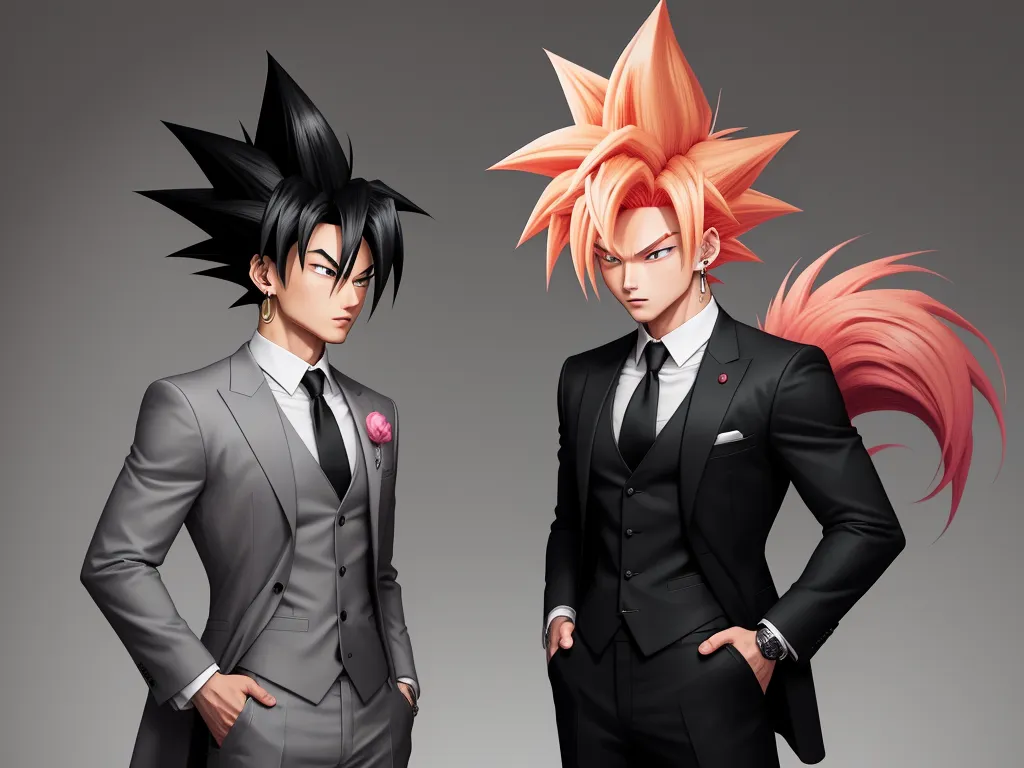 two men in suits with red hair standing next to each other in front of a gray background with a red tail, by Akira Toriyama