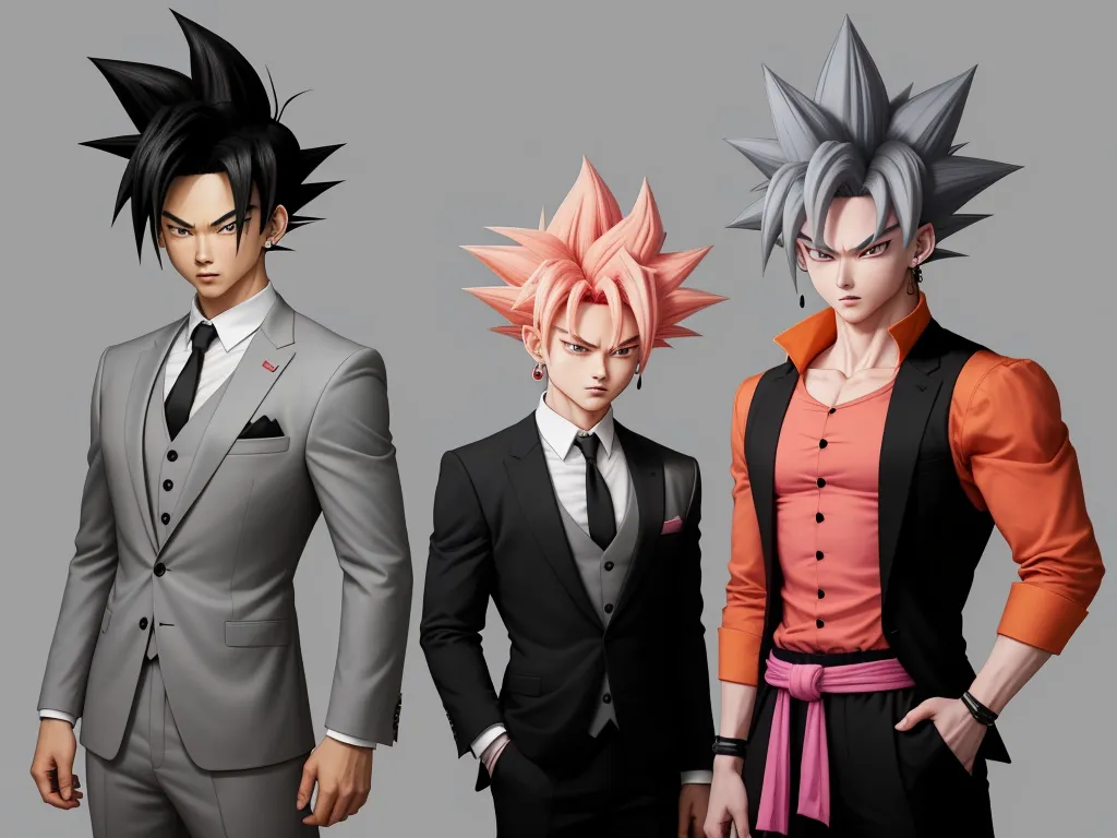 1080p to 4k converter - three men in suits and ties standing next to each other in front of a gray background with a red and black tie, by Akira Toriyama