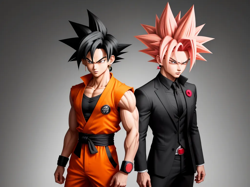 two cartoon characters are standing next to each other in a pose together, one is wearing a black suit and the other is a black suit, by Toei Animations