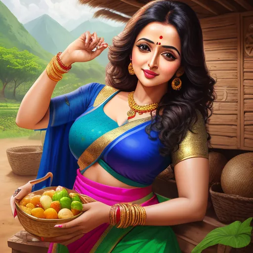 image sharpener - a woman in a sari holding a basket of fruit in her hand and a mountain in the background, by Raja Ravi Varma