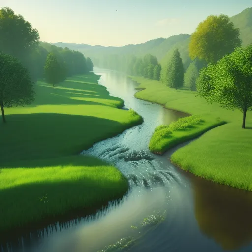 a painting of a river running through a lush green field with trees on both sides of it and a grassy field with a stream running through it, by Paul Corfield