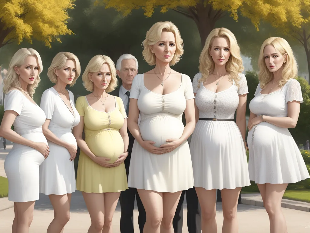a group of pregnant women standing next to each other in front of a tree and a man in a suit, by Dan Smith