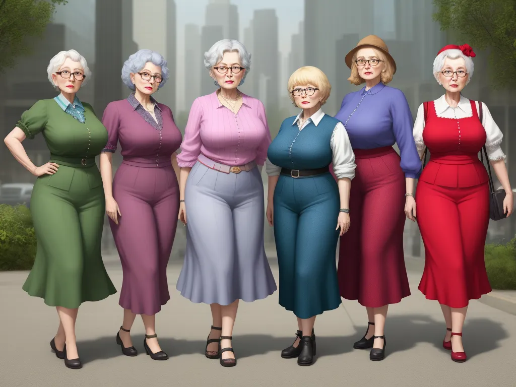 high resolution image - a group of women in different colored outfits standing next to each other in front of a cityscape, by Hanna-Barbera