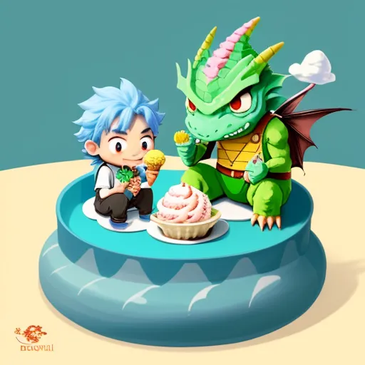 4k picture resolution converter - a cartoon character sitting on a blue object with a dragon next to it and a cupcake on a plate, by Akira Toriyama
