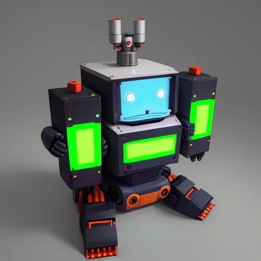 image ai generator from text - a robot with a green light on its face and legs, sitting on a gray surface with a gray background, by Toei Animations
