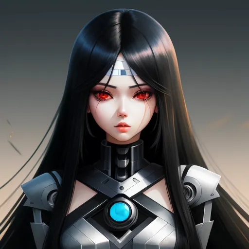 image generator from text - a woman with long black hair and red eyes wearing a futuristic suit with a futuristic helmet and a blue light, by Leiji Matsumoto