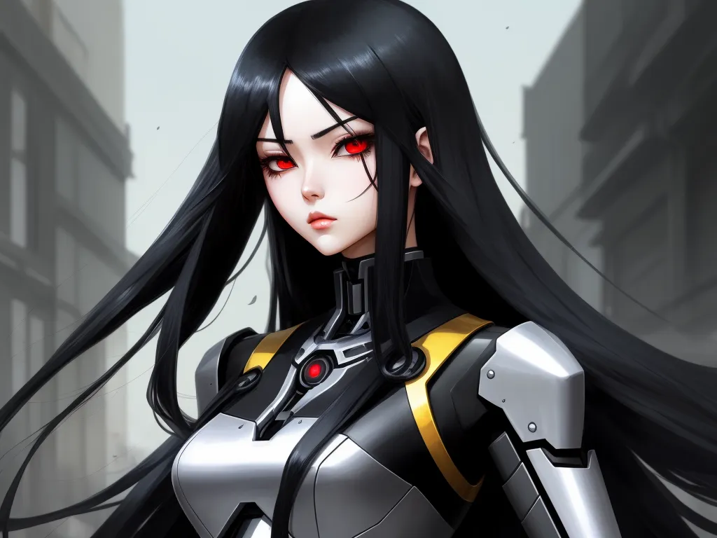 convert photo to 4k quality - a woman with long black hair and red eyes in a futuristic suit with a futuristic look on her face, by Leiji Matsumoto