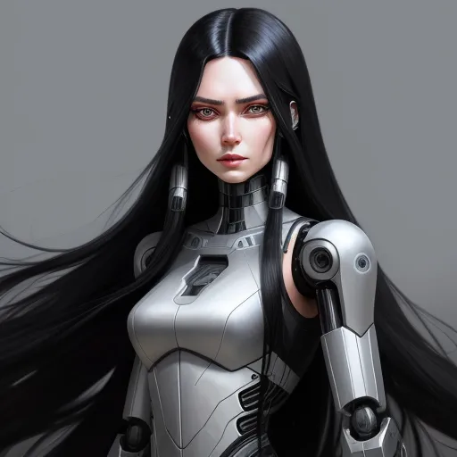 text to photo ai - a woman with long black hair and a robot suit on her body, with a gun in her hand, by Terada Katsuya