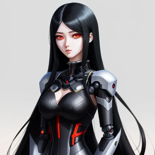 enlarge image - a woman in a futuristic suit with long black hair and red eyes, holding a gun and wearing a helmet, by Leiji Matsumoto