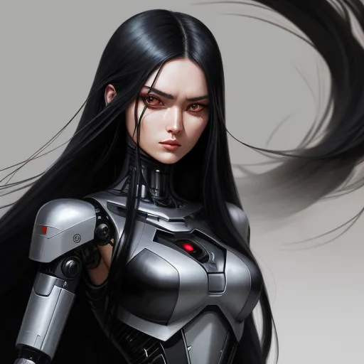 make photos hd free - a woman with long black hair and a robot suit on her body, with a gun in her hand, by Terada Katsuya