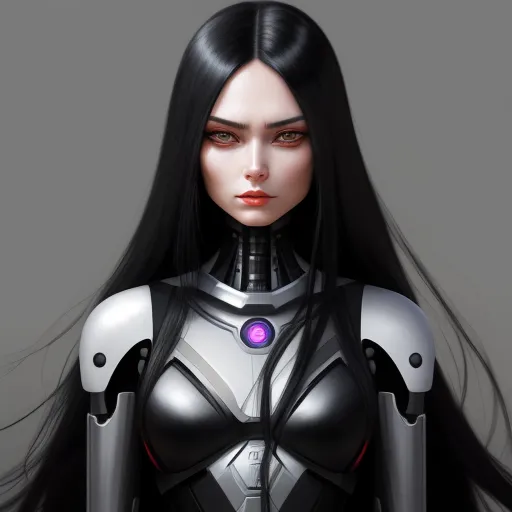 ai that creates any picture - a woman with long black hair and a futuristic suit on her chest, with a purple light in her eyes, by Terada Katsuya