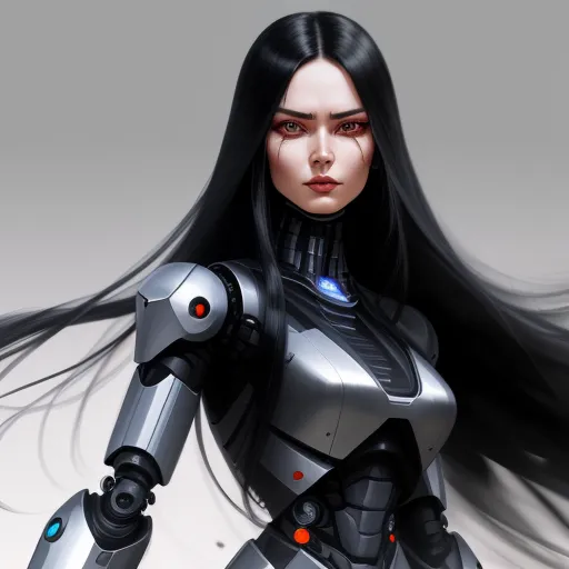 ai images generator - a woman with long hair and a robot suit on, with a gun in her hand and a gun in her other hand, by Jeff Simpson