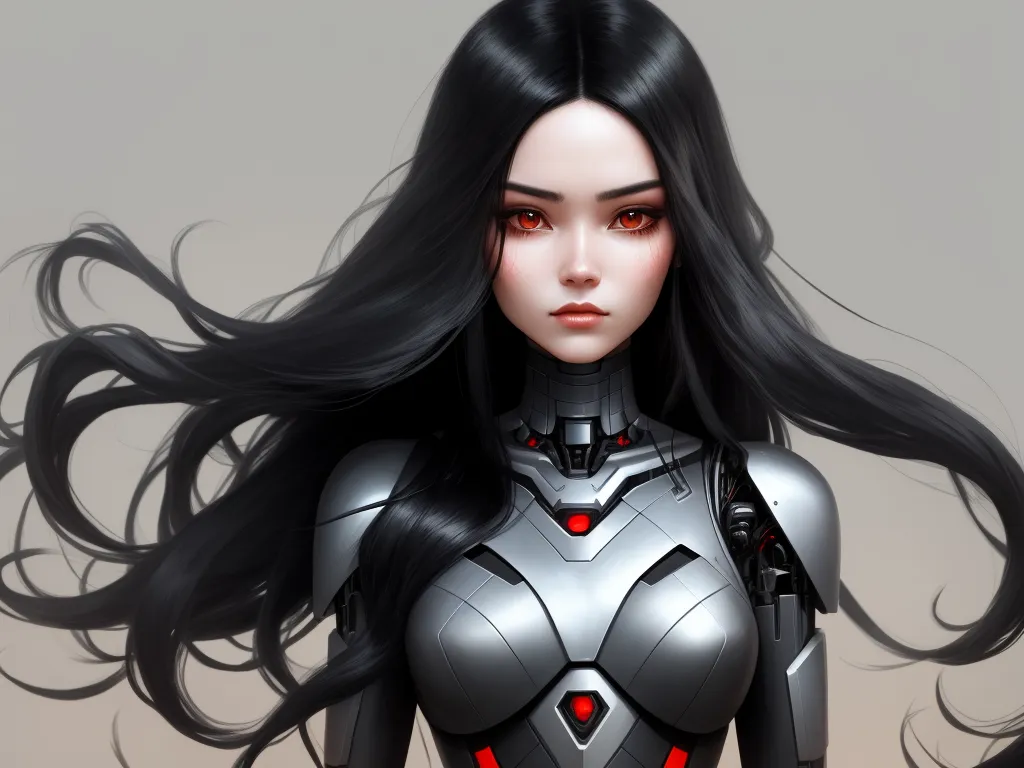 increase image resolution - a woman with long black hair and a futuristic suit on her body, with red eyes and a red eye, by Daniela Uhlig