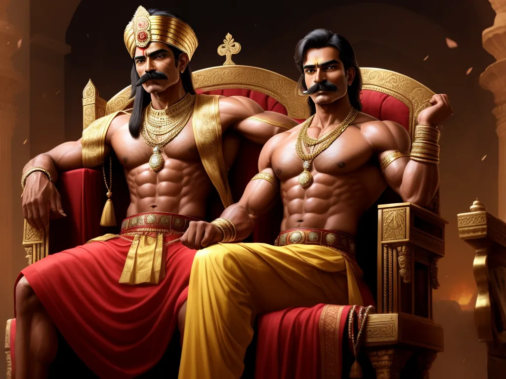 two men sitting on a throne with a mustache and moustache on their faces and chestes, both wearing gold jewelry, by Raja Ravi Varma