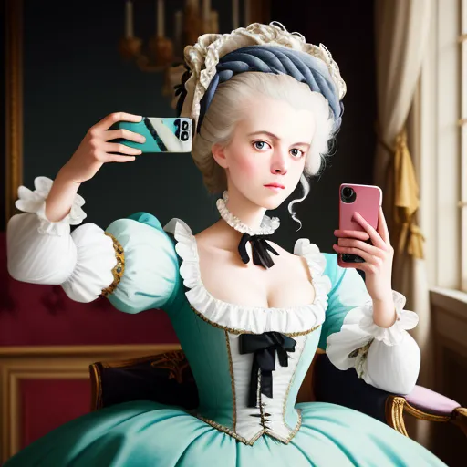a woman in a blue dress holding a cell phone in her hand and taking a selfie with her phone, by Daniela Uhlig