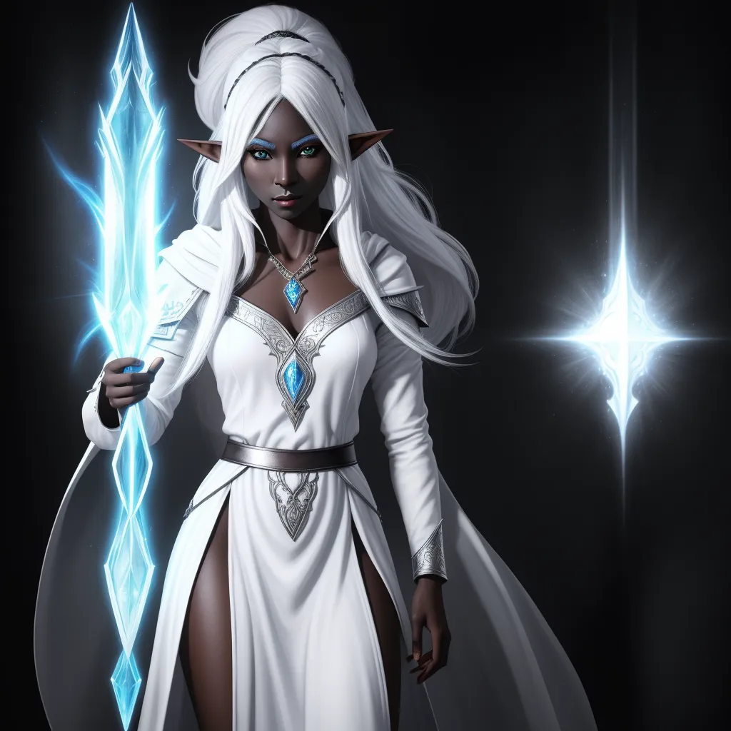 4k picture converter - a woman dressed in white holding a sword in her hand and wearing a white dress with blue accents and a white cape, by Lois van Baarle