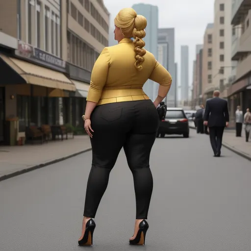 a woman in a yellow top and black pants is standing on the street with her back to the camera, by Heinz Edelmann