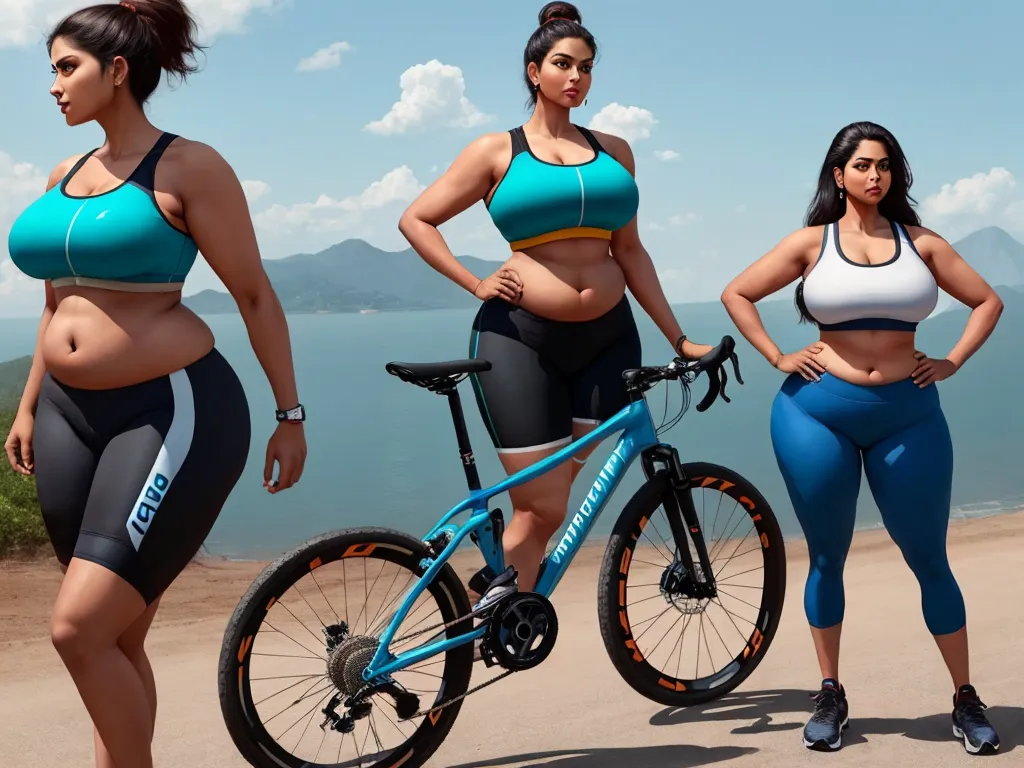 three women in sports wear standing next to a bike on a beach with a mountain in the background and a body of water in the background, by Hendrik van Steenwijk I