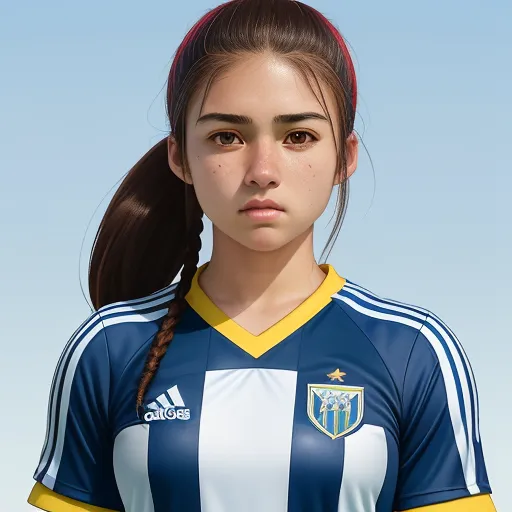 a girl with a ponytail in a soccer uniform is looking at the camera with a serious look on her face, by Taiyō Matsumoto