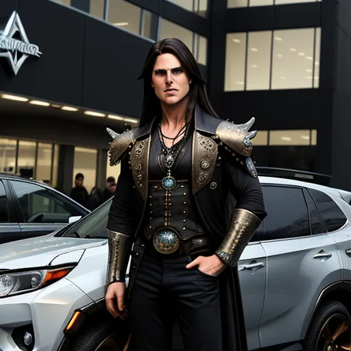 a man in a costume standing next to a car in front of a building with a star trek logo on it, by Kent Monkman