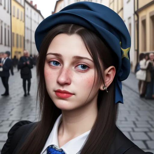 how to make photos high resolution - a woman with a blue tie and a blue hat on her head and a crowd of people in the background, by Hirohiko Araki