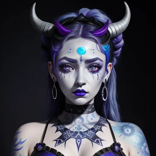 text to image generator ai - a woman with blue hair and makeup wearing horns and a bra top with a blue eyeliner and a blue nose ring, by Terada Katsuya