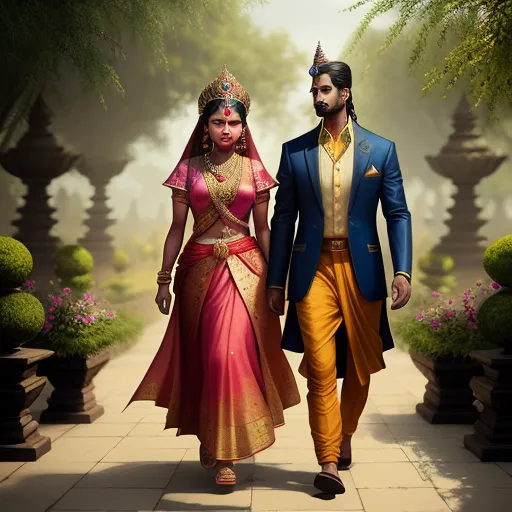 a man and woman dressed in indian attire walking down a path together in a garden area with trees and bushes, by Raja Ravi Varma