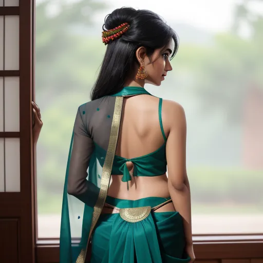 a woman in a green sari looking out a window with a green blouse on and gold trim around her waist, by Raja Ravi Varma