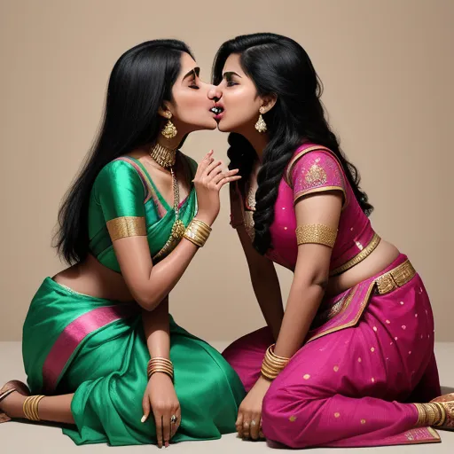 image convert - two women in saris kissing each other on the cheek with a tan background behind them and a tan backdrop, by Raja Ravi Varma