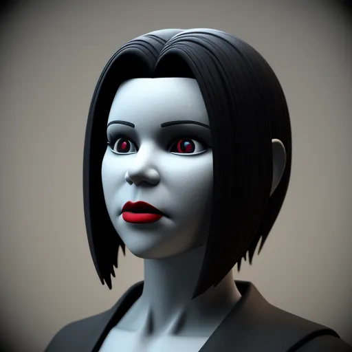 ai image creator from text - a woman with red eyes and a black hair is wearing a black dress and a red lip is seen in this image, by Genndy Tartakovsky