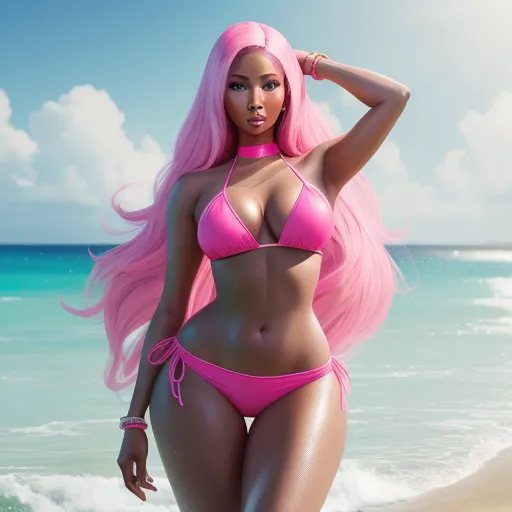 a woman in a pink bikini standing on a beach next to the ocean with a pink wig and pink hair, by Hanna-Barbera