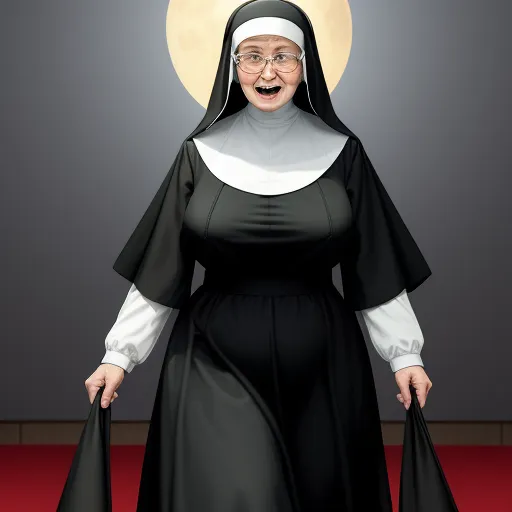 a nun is standing in a black dress and a white collared shirt and a black bag with a large white circle on it, by Rumiko Takahashi