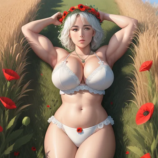 text to picture ai generator - a woman in a bikini laying in a field of flowers with her hands on her head and her hands on her head, by Hirohiko Araki