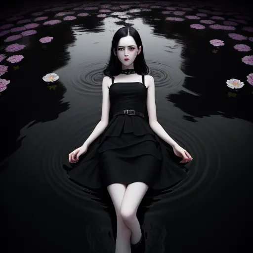 a woman in a black dress floating in a pond of water with lily pads on the surface of the water, by Taiyō Matsumoto