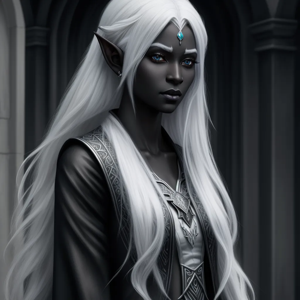 hd photo: 1 female drow elf wizard, black skin, white hair,