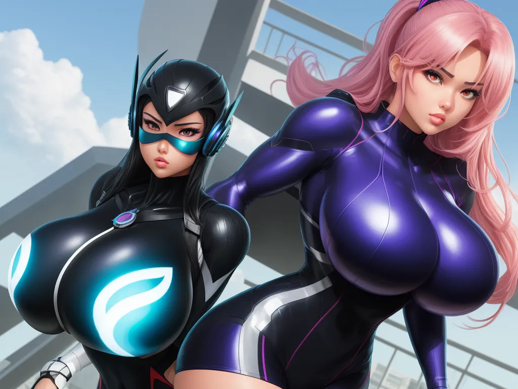 what is high resolution photo - two women in catwoman costumes standing next to each other in front of a building with a sky background, by Toei Animations