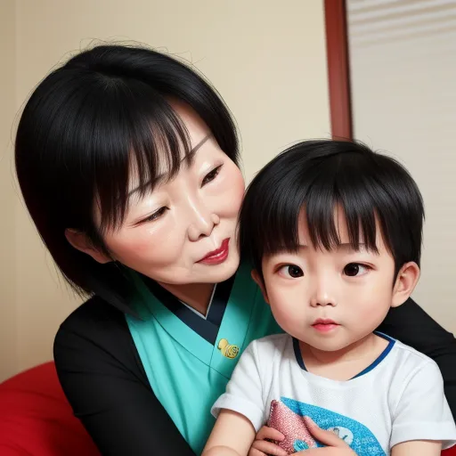 how do i improve the quality of a photo - a woman and a child are sitting together and smiling at the camera, with a woman holding a child, by Hanabusa Itchō