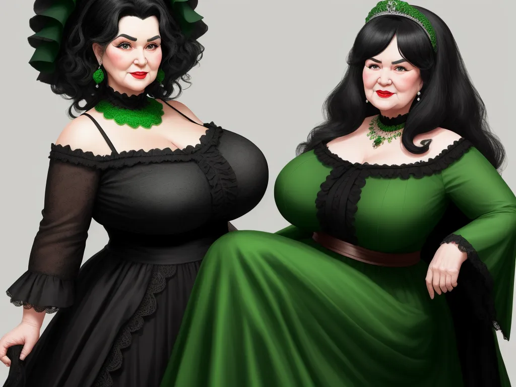 4k photos converter - a couple of women in green dresses standing next to each other on a gray background with a green ribbon, by Lois van Baarle